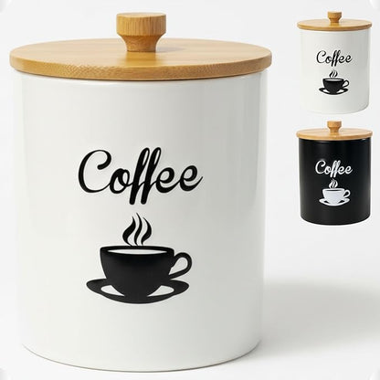Ceramic Coffee Canister - 12 oz White Airtight Canister - 5 x 6 inch Coffee Bean Storage Container - Stylish Countertop Container for Grounds, Beans, Pods & More with Rubber-Lined Bamboo Lid