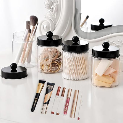 Amolliar Apothecary Jars Bathroom Vanity Storage Organizer Set -Countertop Canister Plastic Acrylic Jar - Farmhouse Decor Qtip Holder for Cotton Swabs,Makeup Sponges,Flossers ,Paper Clips-Black (4)