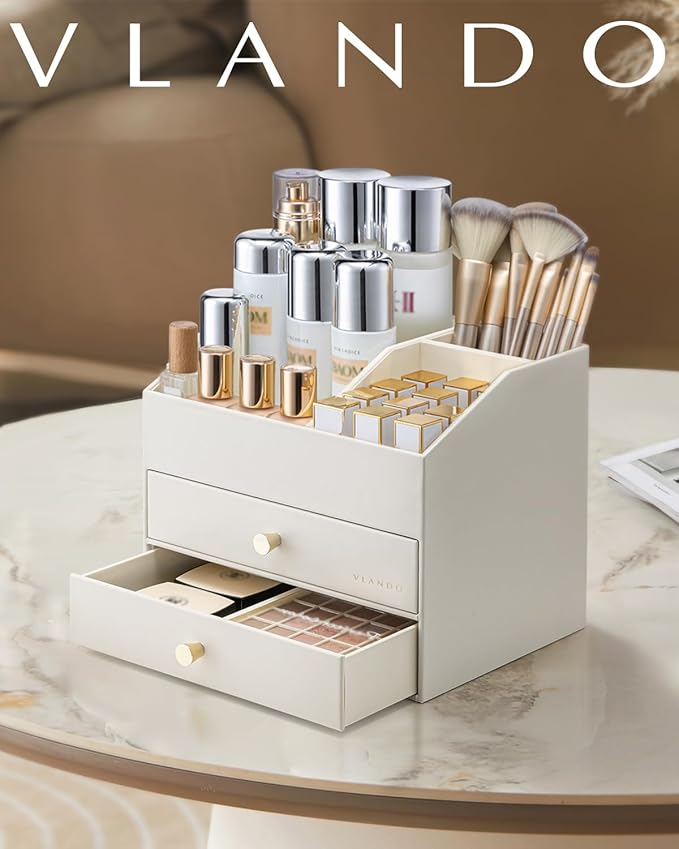 VLANDO Makeup Organizer for Vanity,Large Capacity Bathroom Counter Organizer with Drawers,PU Leather Skin Care Storage for Lipstick,Brushes,Perfumes (Beige)