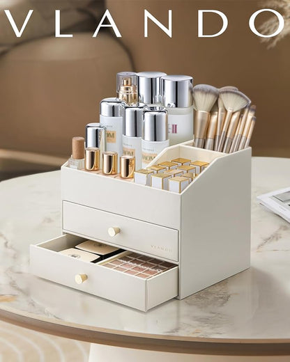 VLANDO Makeup Organizer for Vanity,Large Capacity Bathroom Counter Organizer with Drawers,PU Leather Skin Care Storage for Lipstick,Brushes,Perfumes (Beige)