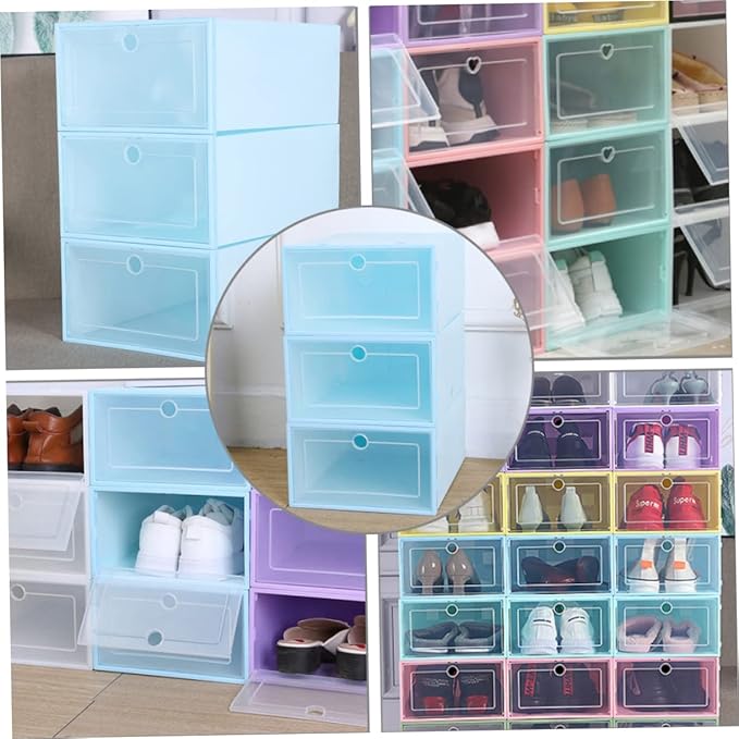 6pcs Stackable Transparent Shoes Organizer Breathable Drawer-type Shoe Storage Box Space-saving Container for Closet Entryway and Bedroom Round Center Blue