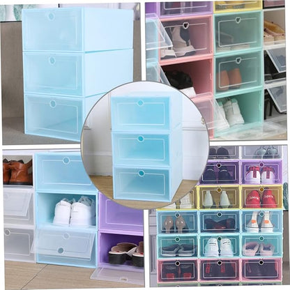 6pcs Stackable Transparent Shoes Organizer Breathable Drawer-type Shoe Storage Box Space-saving Container for Closet Entryway and Bedroom Round Center Blue
