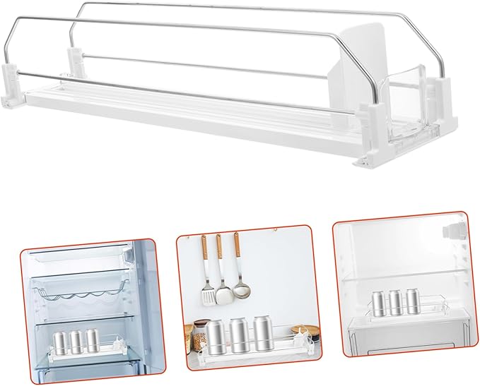 SHOWERORO Push Drink Dispenser Organizer Sliding Beverage Storage for Fridge Holds Cans and Bottles and Materials for Supermarkets and Home Use