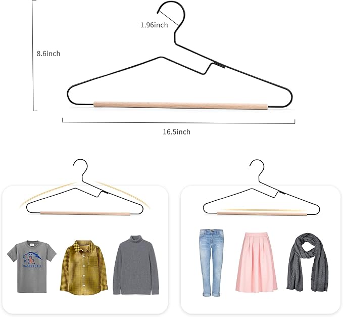 Nature Smile Premium Black Matt Metal Suit Clothes Hanger 10 Pack with a Smooth Beech Wood Pants Bar,Unique Coat Hanger Dress Hanger Shirt Hanger