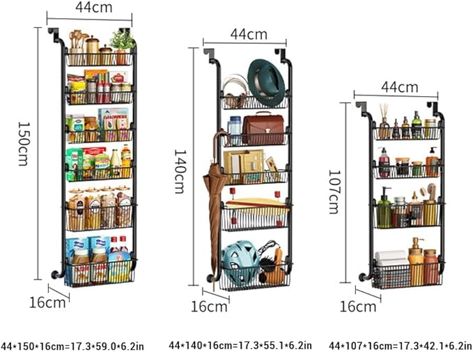 4 Layers Pantry over the Door Organizer with 2 suction cups, Metal over the Door Spice Rack with Adjustable Baskets, Behind Door Organizer Hanging- for Kitchen Laundry Bathroom (Black)