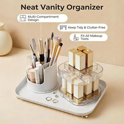 Makeup Brush Holder with Lid, 360° Rotating Makeup Organizer, Large Capacity Dustproof Storage Box & Lipstick Display Stand, Multifunctional Desktop Vanity Organizer with Easy Access