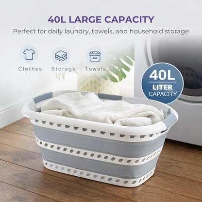Laundry 360 Collapsible Laundry Basket 40L | Portable | Space Saver Storage | Hold 2 Loads | Store Under the Bed or Closet | Good for Kids | Dorm | Bedroom | Large | White/Grey