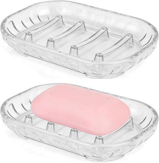 2-Pack Soap Dish Holder for Bar Soap, Bathroom Soap Dishes Soap Holder, Soap Saver Dry Stop Mushy Soap Tray for Shower Bathroom, Kitchen Sink,Clear