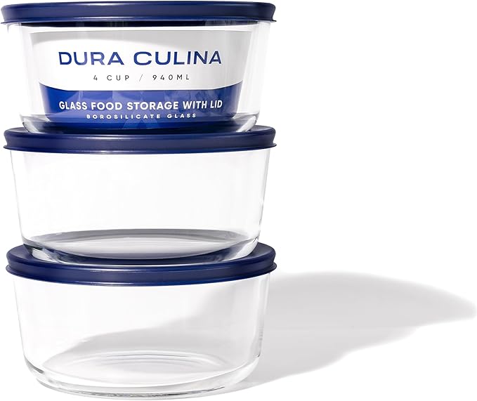 6-Piece Glass Food Storage Containers Set (3 Containers + 3 BPA-Free Lids) | 4-Cup, Leakproof | Microwave, Freezer, Oven & Dishwasher Safe | Ideal for Meal Prep & Pantry Organization, Blue