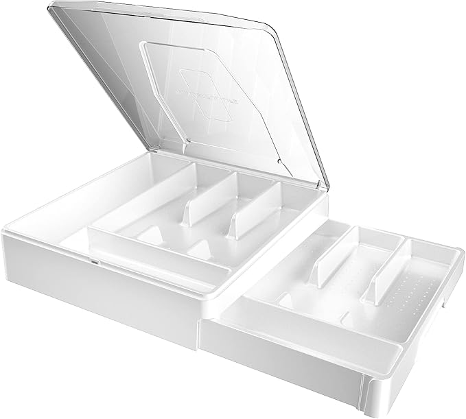 Double Layer Silverware Tray with Lid, Drawer Organizer for Utensil Tray, Cutlery Storage Holder with Cover, White