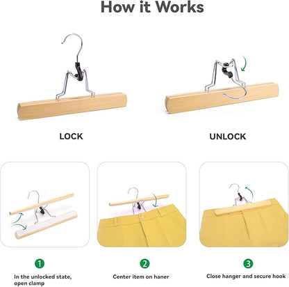 Nature Smile Wooden Pants Skirt Hangers, Smooth Finish Solid Wood Non Slip Jeans Slack Clamp Hangers Hair Extension Hangers(20Pcs Natural)…
