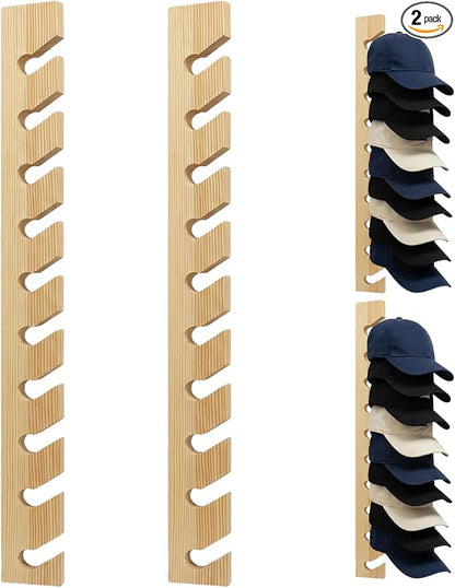 2 Pack Solid Pine Wood Hat Rack for Wall - Heavy Duty Wall Mounted Organizer Holds 20 Baseball Caps, Secure Screw Installation, 10-Slot Vertical Display for Closet, Bedroom, Entryway & Laundry Room
