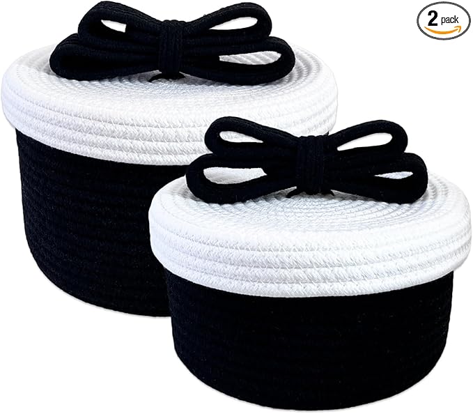 Decorative Storage Baskets with Lids, Small Woven Rope Basket with Lid, Decorative Basket for Home Decor, Dog Toy Storage Baskets with Cute Bow Handle, Black