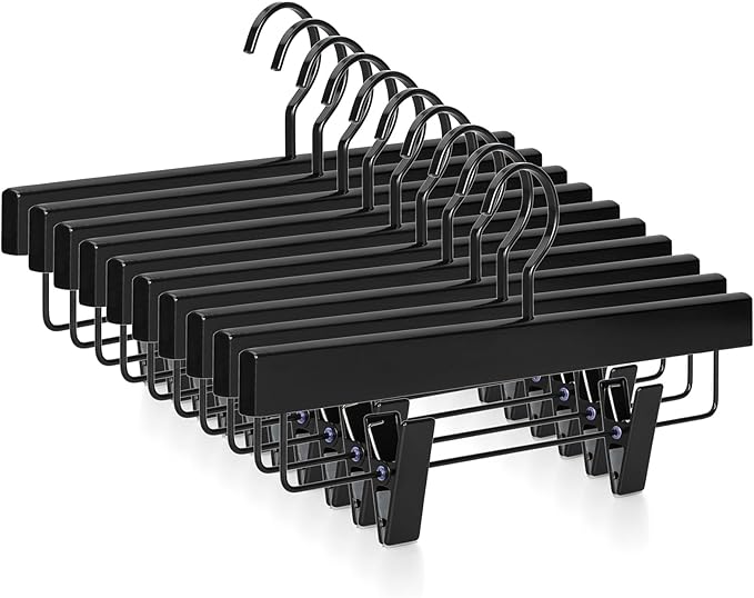 TOPIA HANGER Black Wooden Pants Hangers, Wood Skirt Hangers with Clips, Deluxe Jeans Hanger with 360° Swivel Anti-Rust Flat Hook, Smooth Finish Wood Hangers for Slacks Trousers 20 Pack, CT03B