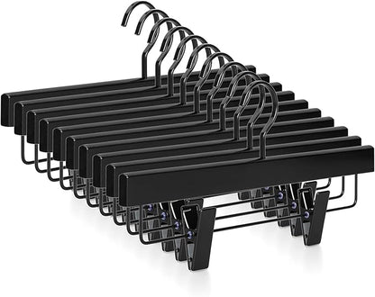 TOPIA HANGER Black Wooden Pants Hangers, Wood Skirt Hangers with Clips, Deluxe Jeans Hanger with 360° Swivel Anti-Rust Flat Hook, Smooth Finish Wood Hangers for Slacks Trousers 20 Pack, CT03B
