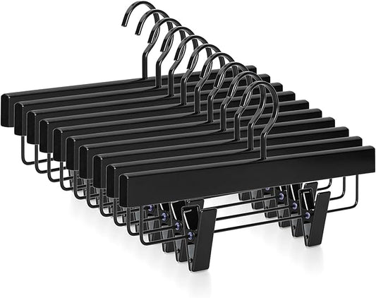TOPIA HANGER Black Wooden Pants Hangers, Wood Skirt Hangers with Clips, Deluxe Jeans Hanger with 360° Swivel Anti-Rust Flat Hook, Smooth Finish Wood Hangers for Slacks Trousers 20 Pack, CT03B
