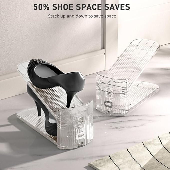 24 Pack Clear Shoe Slots Organizer - Adjustable Height 3.7''to 7.7'' Shoe stackers for a pair of shoes ,Shoe rack storage shoe space saver 50%,Easy to assemble shoe hold shoe organizer for cloest