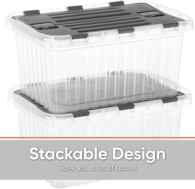 Superio Storage Box with Hinged Lids, Plastic Container Bins for Organizing with Attached Lid, Stackable Crates, BPA Free, Organizers for Home, 17 Quart (Clear with Grey Lids, 15"x10"x10.25")