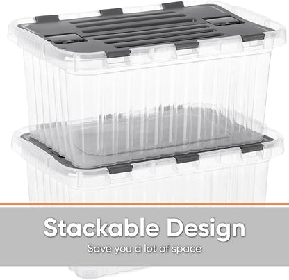 Superio Storage Box with Hinged Lids, Plastic Container Bins for Organizing with Attached Lid, Stackable Crates, BPA Free, Organizers for Home, 17 Quart (Clear with Grey Lids, 15"x10"x10.25")
