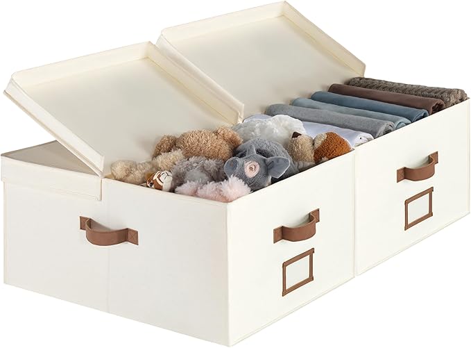 StorageWorks Extra Large Storage Bins with Double-Open Lid, 55L Fabric Baskets with Divider Board, Boxes for Clothes, Linen Closet Organizers with Handles, Ivory White, 2-Pack