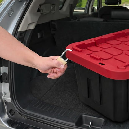 27 Gallon Large Storage Bin with Snap Lid, Heavy Duty Plastic Storage Container, Black and Red, 4 Pack