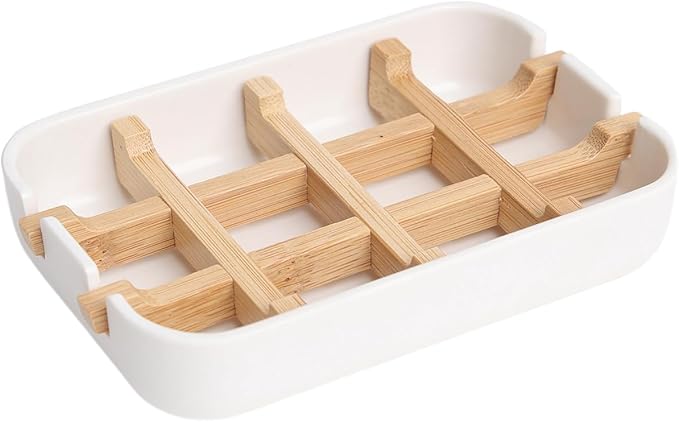 Bamboo Fiber Soap Holder and Soap Dish Combination for Bathroom Bar Soap Holder Sink Deck Bathtub Shower Tray (White)