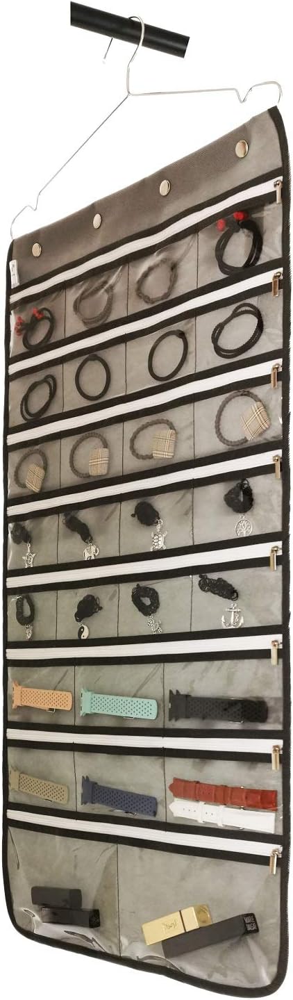 Zippered Jewelry Organizer Dual Sided Hanging with Hanger for Travel Home Closet Storage (28 Zippered Clear Pockets and 20 Tape Loops Grey)