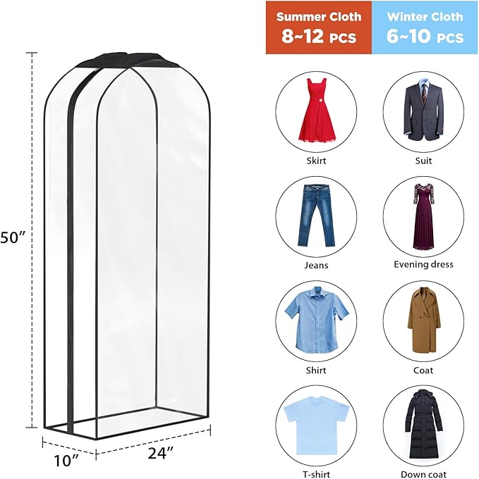 Univivi Garment Bags Garment Covers for Hanging Clothes, 10" Gusseted Clear Suit Bags for Clothes Storage, Garment Bag for Closet Storage, 50", 4-Pack