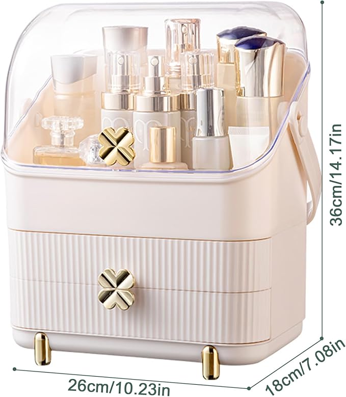 Preppy Skincare Organizers Makeup Organizer Holder Cosmetic Storage Box Display Case 3 Tiers Dust Free Cover Portable Handle 2 Rroomy Drawers Gift Great For Bathroom Countertop Dresser Ivory White