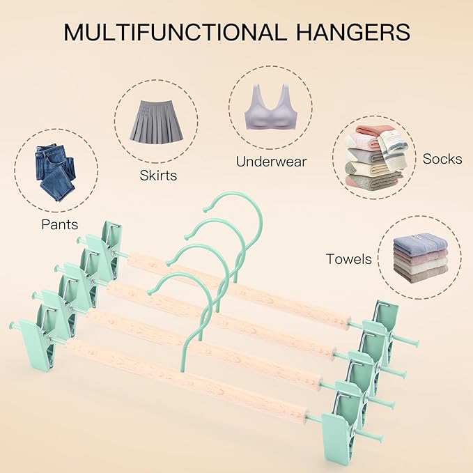 Wooden Pants Hangers with Clips 24 Pack, Heavy Duty Adjustable Clip Non Slip Skirt Hanger for Jeans, Trousers, Short, Clothes, Space Saving Closet Organizer (Green, 24 Pack)