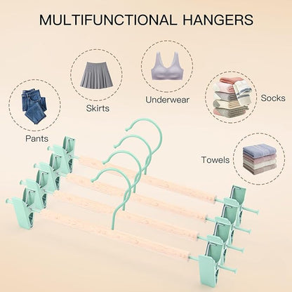 Wooden Pants Hangers with Clips 24 Pack, Heavy Duty Adjustable Clip Non Slip Skirt Hanger for Jeans, Trousers, Short, Clothes, Space Saving Closet Organizer (Green, 24 Pack)