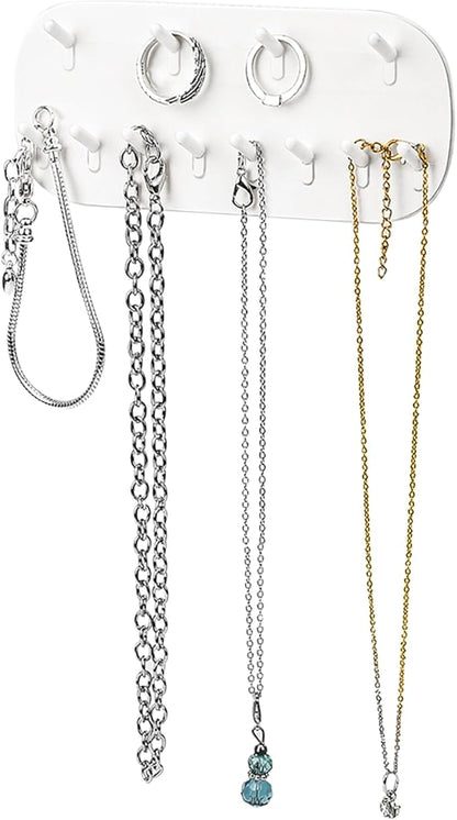 KALIONE Necklace Holder Wall Mounted, Hanging Necklace Holder Necklace Organizer Adhesive Plastic Necklaces Hanger with 6 Jewelry Hooks for Necklaces, Bracelets, Earrings, Keys, White
