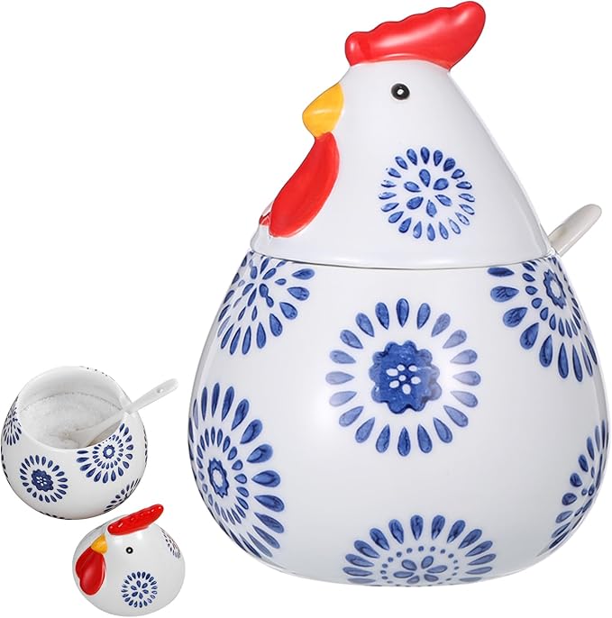 15.8 oz Ceramic Salt Cellar with Lid & Spoon, Large Blue Rooster Design Countertop Storage, Multifunctional Kitchen Jar for Kosher Salt, Pepper, Spices, Herbs, Coffee & More