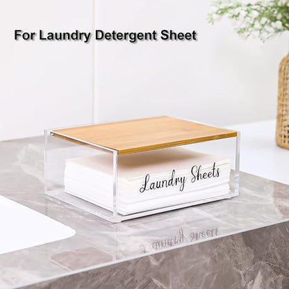 Acrylic Laundry Detergent Sheets Holder with Bamboo Lid, Laundry Soap Sheets Container Box Dispenser for Laundry Room