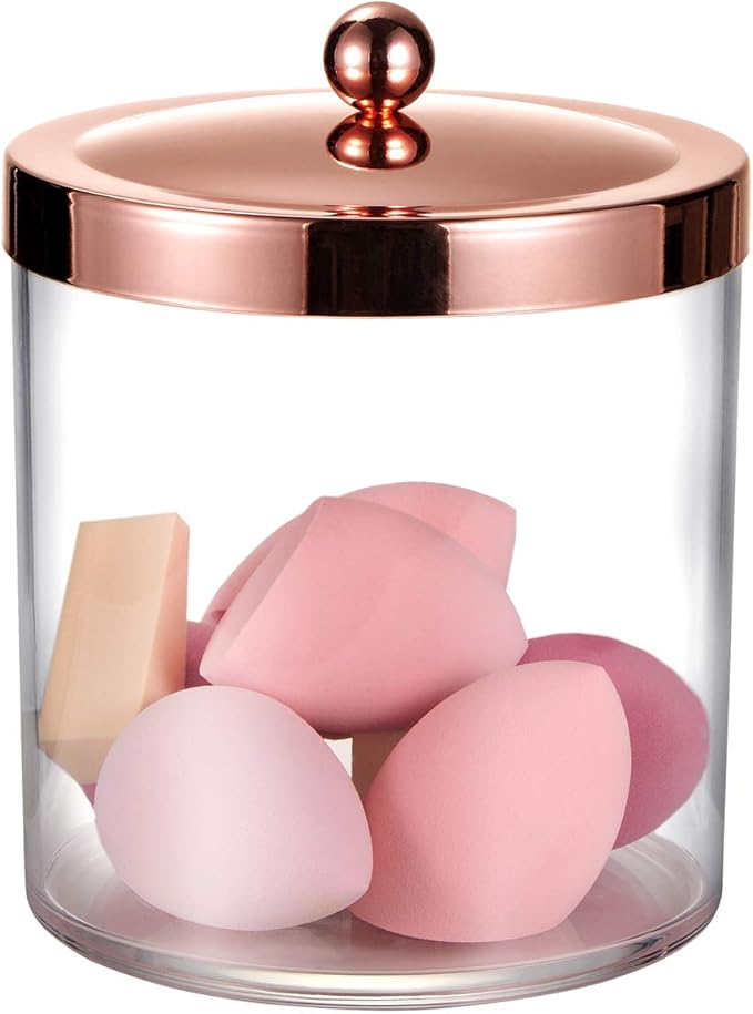SheeChung 50oz Large Apothecary Jar with Rose Gold Rust-Proof Lid - Shatterproof Plastic Laundry Pods Container - Chic Rose Gold Bathroom & Vanity Storage Organizer for Scent Beads, Salts