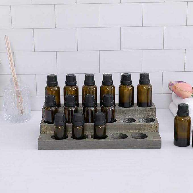 MyGift Vintage Gray Wood 3-Tier Essential Oil Display Stands, Countertop Organizer Rack for 17 Bottles Each