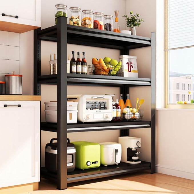 23.6" W 4 Tier Kitchen Rack, Heavy Duty Metal Storage Shelves, Adjustable Shelving Unit and Bakers Rack for Pantry Storage and Kitchen Shelf Organizer - 23.6" W x 11.8" D x 53.4" H, Black