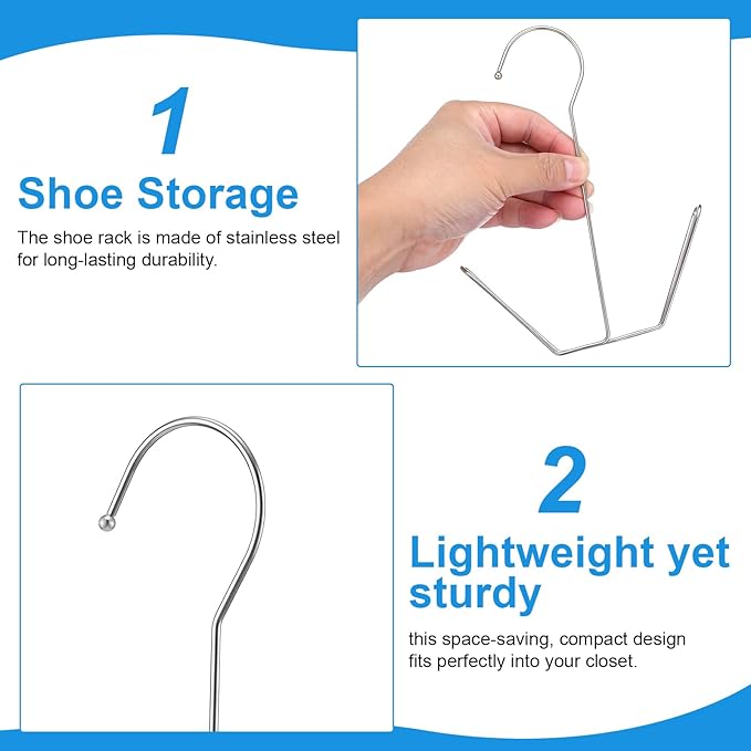 3 Pcs Shoe Hangers, Stainless Steel Shoe Hanger, Double Hook Shoes Hanger, Storage Rack for Hanging Shoes and Gloves (Silver)