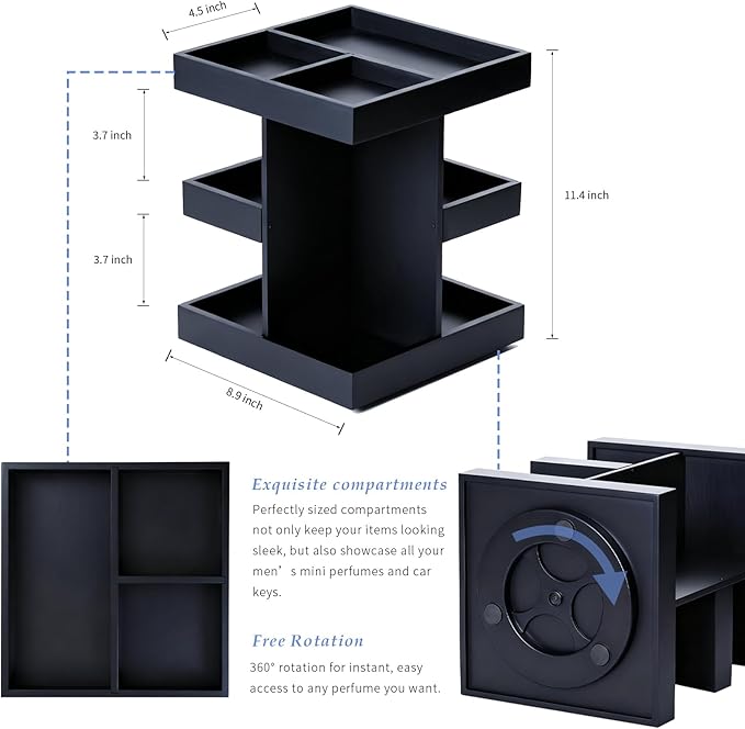 Rotating Cologne Organizer for Men, 3-Tier Large Capacity Wooden Perfume Stand with 360° Display, Desk & Dresser Organizer for Cologne, Watches & Accessories, Gift for Husband, Dad & Men (Black)