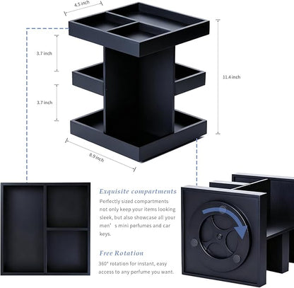 Rotating Cologne Organizer for Men, 3-Tier Large Capacity Wooden Perfume Stand with 360° Display, Desk & Dresser Organizer for Cologne, Watches & Accessories, Gift for Husband, Dad & Men (Black)