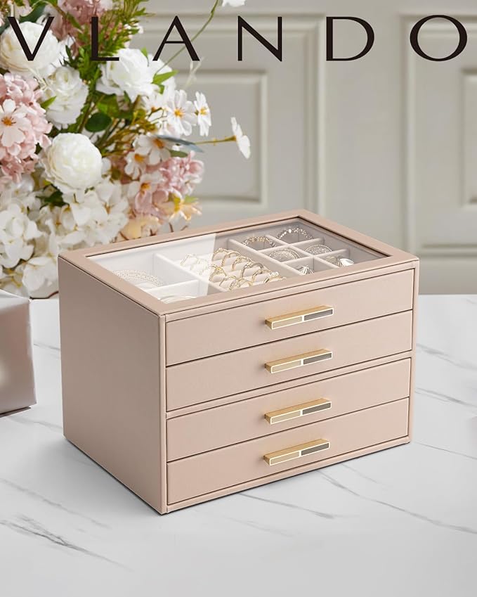 VLANDO 4 Layer Jewelry Box for Women, Mothers Day Gifts for Women, Glass Lid Jewelry Organizer with 4 Drawers for Necklaces Rings Earrings Bracelets - Toffee