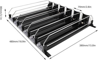 Soda Can Organizer, Automatic Pusher Glide Drink Dispenser for Fridge, Adjustable Width Beverage Holder, Storage 25 Cans 5 Row (Black)