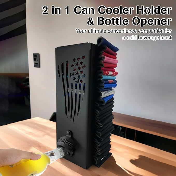 Can Cooler Holder with Bottle Openers, 2 in 1 Wall Mountable Can Cooler Shelf, Metallic Can Cooler Dispenser Plus Bottle Openers, Beer Gear for Parties Bars