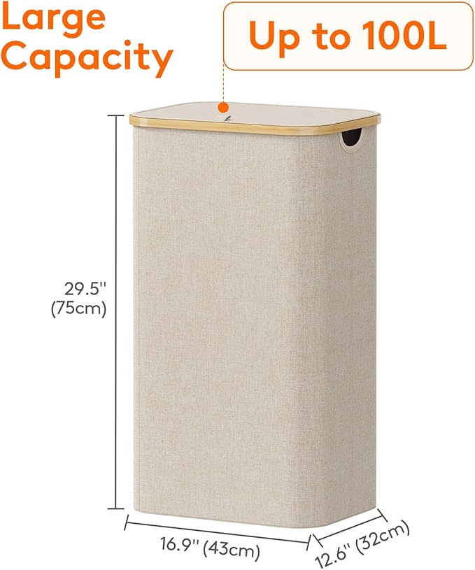 Lifewit 100L Laundry Basket with Lid, Clothes Hampers for Laundry with Bamboo Handles and 1 Removable Bag, Large Foldable Laundry Hamper for Bedroom, Bathroom, Dorm, Laundry Room, Beige