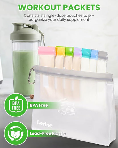 Lerine Reusable Protein Powder Container To Go, Protein Powder Travel Container Set, 14Pcs Single Dose Bags & 2Pcs Large Zip Bags, Portable Supplement Storage Containers with Funnel, Spoon