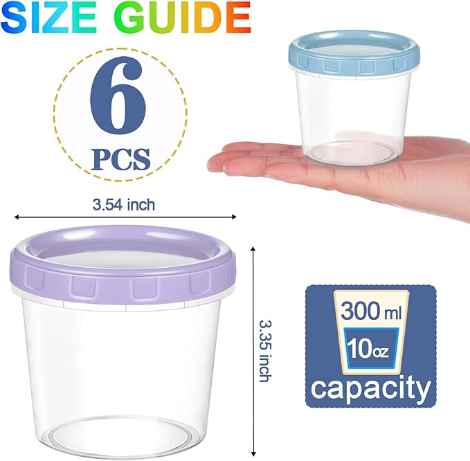 Yomarket 6pcs 10 oz Plastic Containers with Screw Lids, Reusable Clear Food Storage Containers with Pen and Brush for Snack Salad Fruit, Leakproof Small Freezer Containers, Microwave & Dishwasher Safe