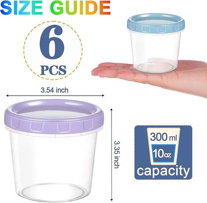 Yomarket 6pcs 10 oz Plastic Containers with Screw Lids, Reusable Clear Food Storage Containers with Pen and Brush for Snack Salad Fruit, Leakproof Small Freezer Containers, Microwave & Dishwasher Safe