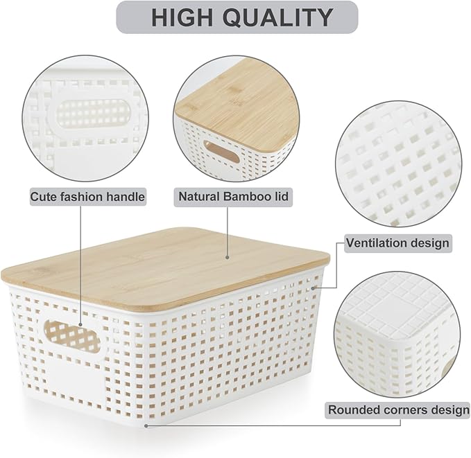 Bagnizer Small Plastic Storage Bins with Bamboo Lids 5.2qt Stackable Box Basket Pantry Decorative Containers Cute with Labels for Organizing Desktop Closet Office Cream White of 6 packs 10*7.2*4.1"
