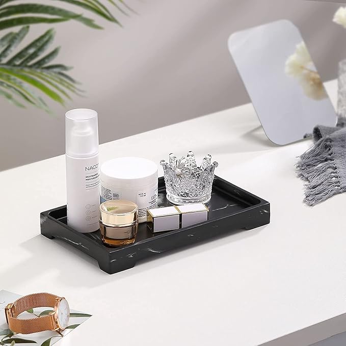 Luxspire Bathroom Sink Vanity Trays, 10" x 6" Resin Vanity Tray for Soap Dispenser, Kitchen Sink Trays, Vanity Countertop Organizer for Candles Soap Towel Perfume Holder Jewlery, Marble Style -M- Ink