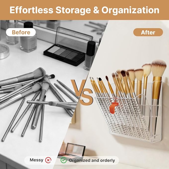 2 Pack Wall-Mounted Makeup Brush Holder, 16-Slot Eyeliner Lip Liner Organizer Holder, Makeup Organizer for Make Up Brush, Eyeliner, Lip Liner, Concealer Pencil Display Bathroom Countertop
